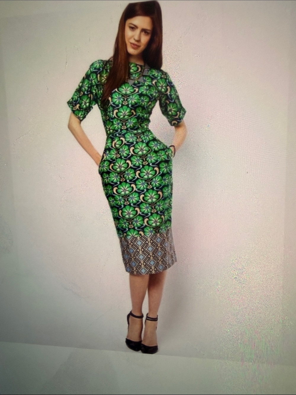 ASOS Green Patterned Midi Dress with Contrast Hem